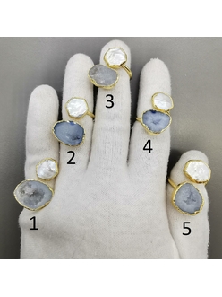 Двойные кольца срез Агата с жеодами и натуральным жемчугом, позолота, тип 68