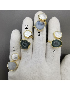Двойные кольца срез Агата с жеодами и натуральным жемчугом, позолота, тип 67