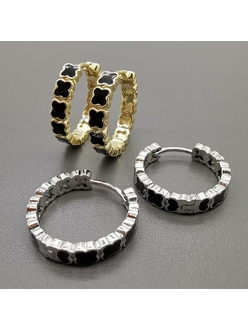 Серьги кольца Клевер с черной эмалью, 22*4.4 мм, позолота, родий
