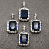 Подвеска Прямоугольник с фианитами, синий, 8.8*16 мм, родий