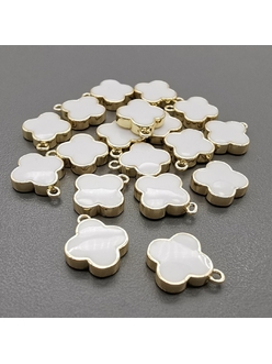 Подвеска Клевер, с белой эмалью, 15 мм, позолота