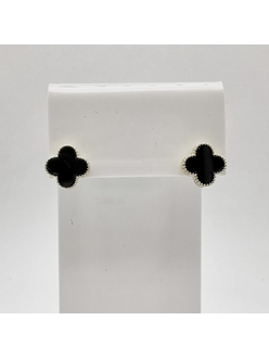 Серьги Клевер с Черной эмалью, 10 мм, позолота, тип 1