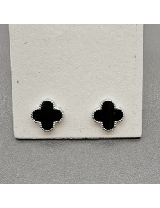 Серьги Клевер с Черной эмалью, 10 мм, родий, тип 1