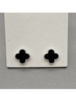 Серьги Клевер с Черной эмалью, 10 мм, родий, тип 1