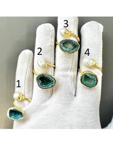 Двойные кольца Агат с жеодами и жемчугом, позолота, тип 184
