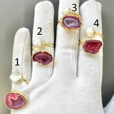 Двойные кольца Агат с жеодами и жемчугом, позолота, тип 185
