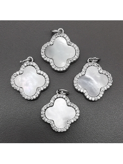 Подвеска клевер с фианитами и с перламутром, 18*13 мм, родий