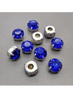 Кристаллы в цапах Круг, 10 мм, синий, родий