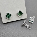 Серьги Клевер с малахитом и фианитами, 10.5 мм, родий