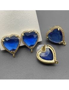 Швензы сердце с фианитами, синий, 21*17 мм, позолота