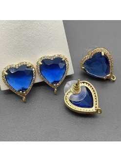 Швензы сердце с фианитами, синий, 21*17 мм, позолота