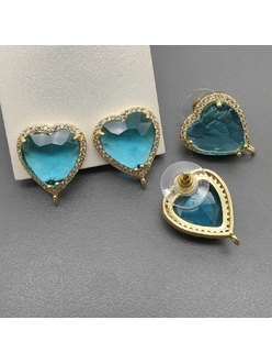 Швензы сердце с фианитами, голубой, 21*17 мм, позолота