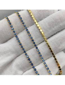 Стразовая цепь, 2 мм, голубой в золоте