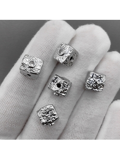 Бусина мятый Кубик с фианитом, 9 мм, родий