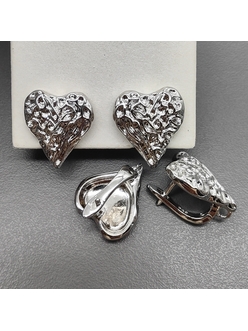 Швензы Сердце мятые без фианитов, 17*15 мм, родий