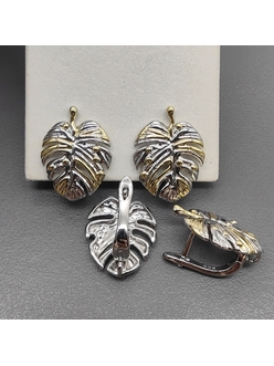 Швензы лист Монстера без фианитами, 19*14 мм, биколор