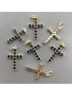 Подвеска Крест с черными фианитами, 18.5*12 мм, позолота