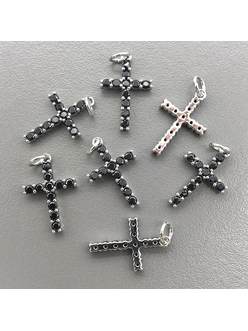 Подвеска Крест с черными фианитами, 18.5*12 мм, родий