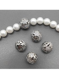 Бусина круглая, с фианитами, 10 мм, родий, шт