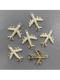 Коннектор Самолет с фианитами, 24*19 мм, позолота