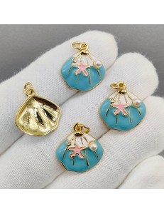 Подвеска ракушка с бирюзовой эмалью, 18 мм, позолота