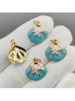 Подвеска ракушка с бирюзовой эмалью, 18 мм, позолота