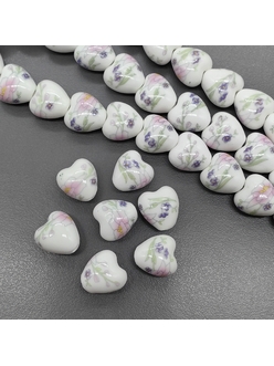 Бусина Сердце из керамики, букет, 12.5*12.2 мм