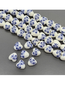 Бусина Сердце из керамики, синий букет, 12.5*12.2 мм