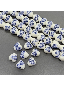 Бусина Сердце из керамики, синий букет, 12.5*12.2 мм