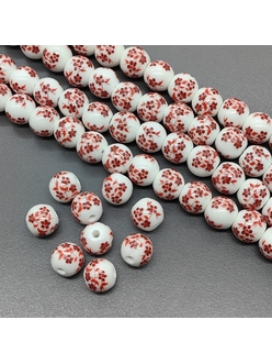 Бусина шар из керамики, красный букет, 10 мм