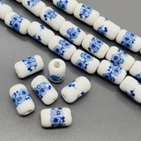 Бусина цилиндр из керамики, синие цветы, 17*10 мм, шт