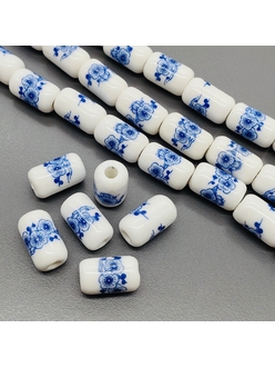 Бусина цилиндр из керамики, синие цветы, 17*10 мм, шт