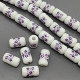 Бусина цилиндр из керамики, фиолетовый букет, 17*10 мм, шт