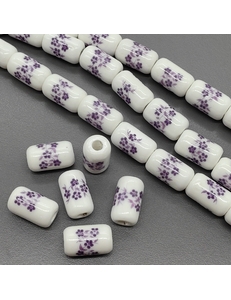 Бусина цилиндр из керамики, фиолетовый букет, 17*10 мм, шт