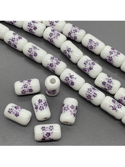 Бусина цилиндр из керамики, фиолетовый букет, 17*10 мм, шт