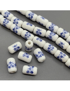 Бусина цилиндр из керамики, синий букет, 17*10 мм, шт