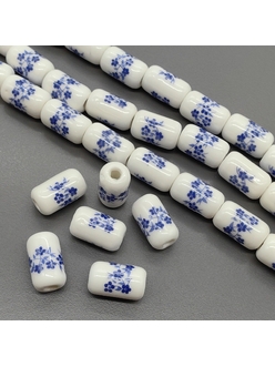 Бусина цилиндр из керамики, синий букет, 17*10 мм, шт