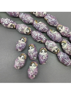 Бусина матрешка из керамики, сиреневый, 22.5*13.5 мм