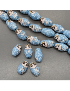 Бусина матрешка из керамики, голубой, 22.5*13.5 мм