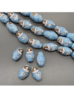 Бусина матрешка из керамики, голубой, 22.5*13.5 мм