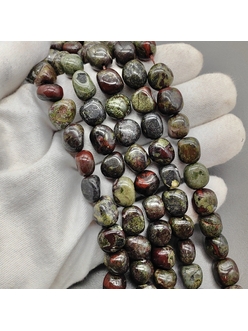 Бусина галтовка, яшма эпидот, 12.5*10 мм, нитка