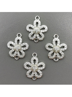 Коннектор Цветок с фианитами, 19*15.2 мм, родий