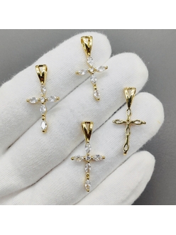 Подвеска крест с фианитами, 29*14 мм, позолота