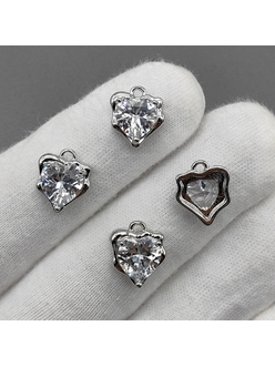 Подвеска Сердце, прозрачный, 12.5*11 мм, родий