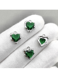 Подвеска Сердце, зеленый, 12.5*11 мм, родий