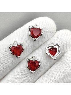 Подвеска Сердце, красный, 12.5*11 мм, родий