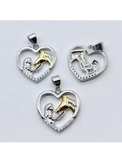 Подвеска сердце девушка лошадь, с фианитами, 18 мм, биколор