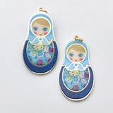 Подвеска Матрешка сине-голубой микс эмалью, 20*35 мм, позолота