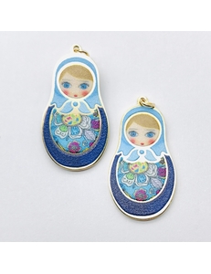 Подвеска Матрешка сине-голубой микс эмалью, 20*35 мм, позолота