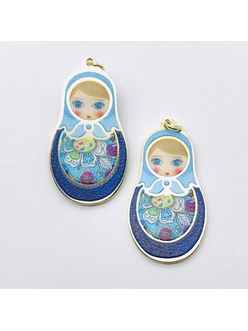 Подвеска Матрешка сине-голубой микс эмалью, 20*35 мм, позолота